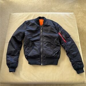 Alpha Industries Navy Blue Bomber Jacket with Vibrant Orange Interior